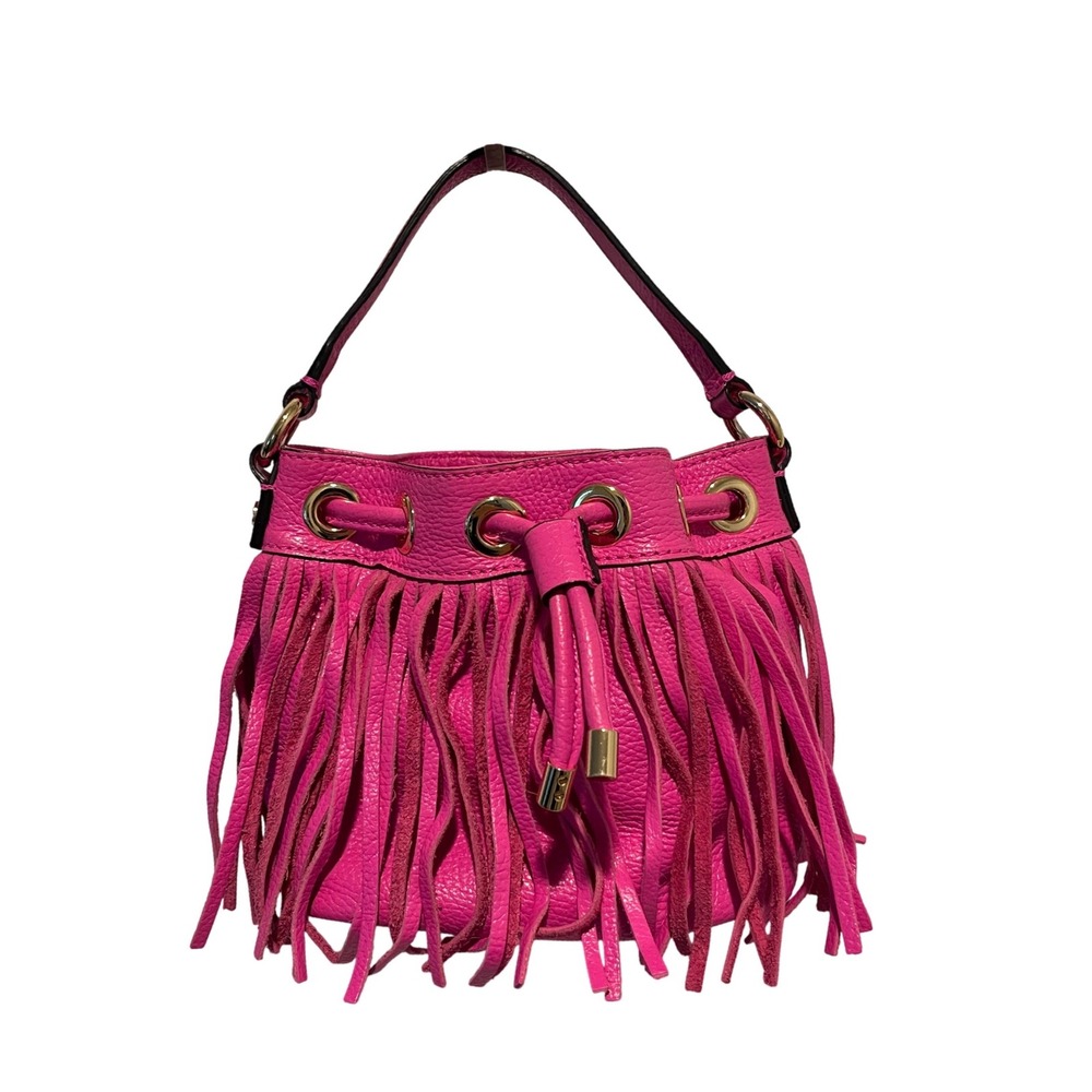 Milly Fringe Bucket Bag Womens Mini Hot Pink Barbiecore Pebbled Leather‎ Tassel